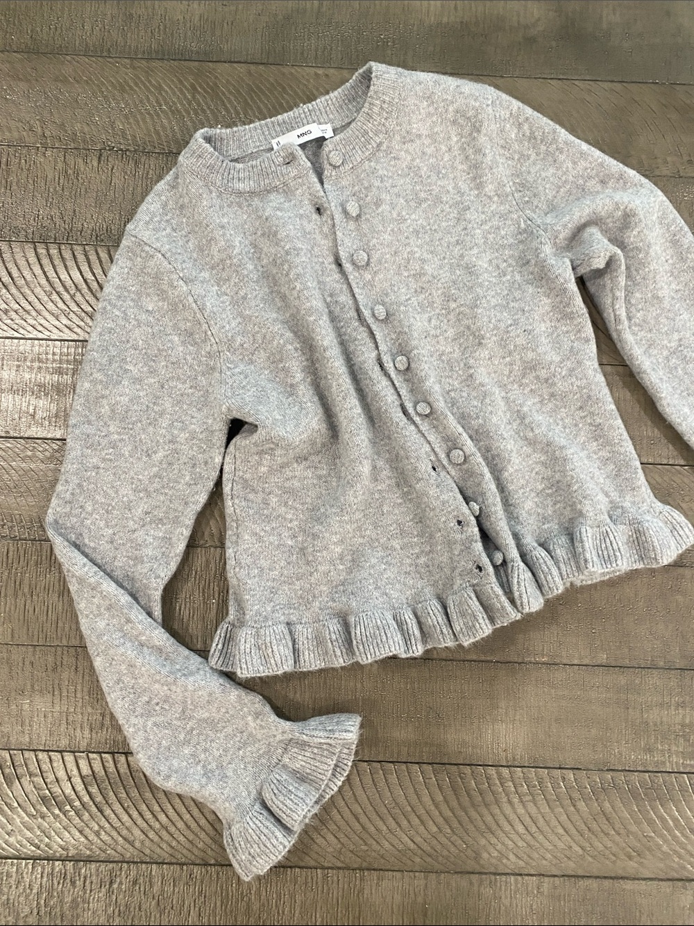 Mango Light Gray Button-Front Ruffle-Hem Cardigan